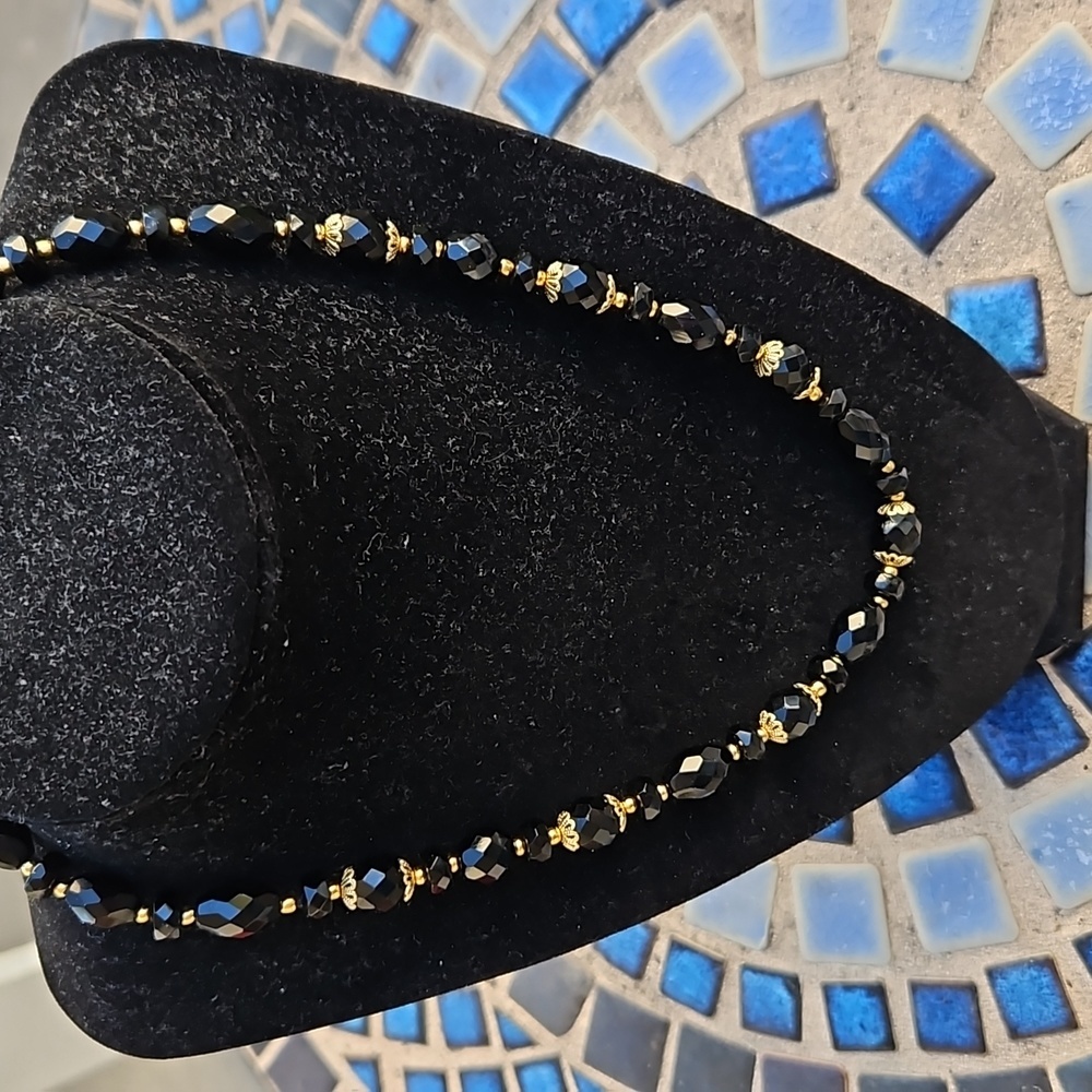 Bohemian Goldtone Jet Black Glass Beaded Necklace